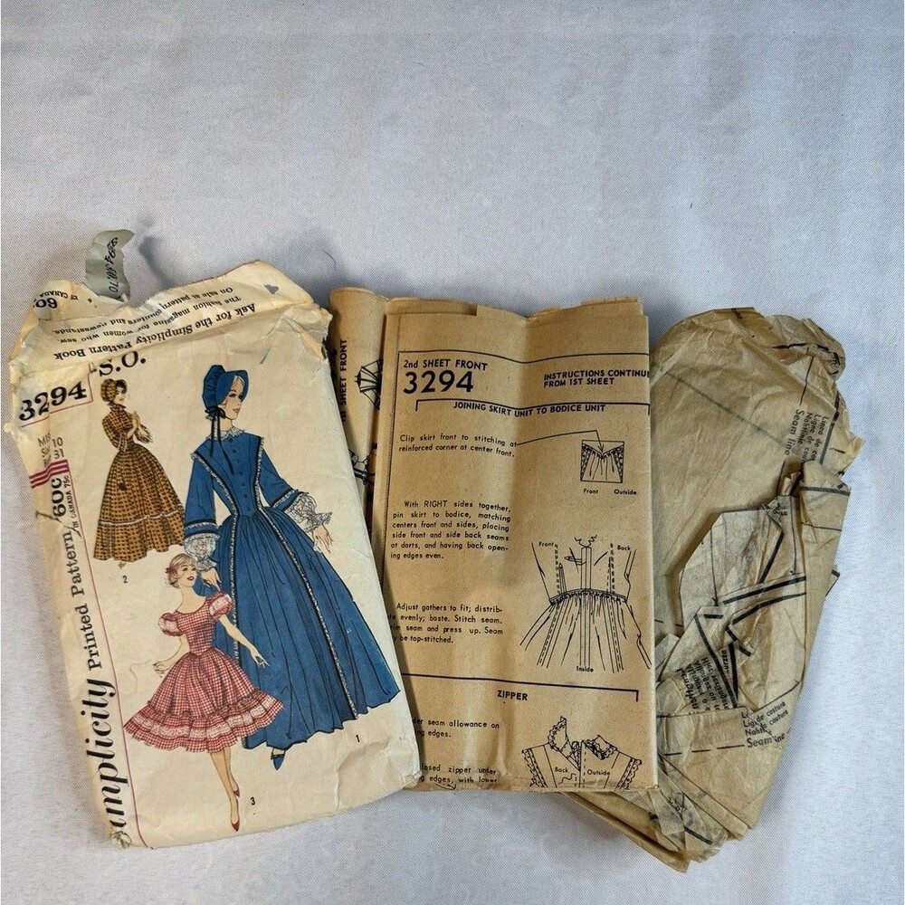 Vtg 1950s 1960s Simplicity 3294 Pioneer Prairie Dress Bonnet Pattern Misses 10 C